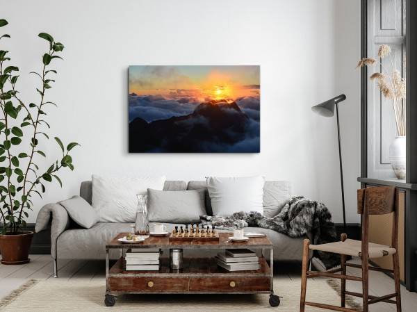 Paul Sinus Art 120x80cm Wandbild auf Leinwand Berggipfel über den Wolken Sonnenuntergang Abendrot Outlet