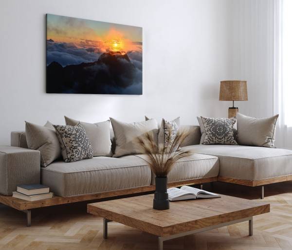 Paul Sinus Art 120x80cm Wandbild auf Leinwand Berggipfel über den Wolken Sonnenuntergang Abendrot Outlet