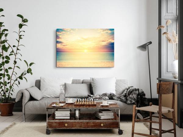 Paul Sinus Art 120x80cm Wandbild auf Leinwand Sonnenuntergang Horizont Meer Strand Himmel Auslauf