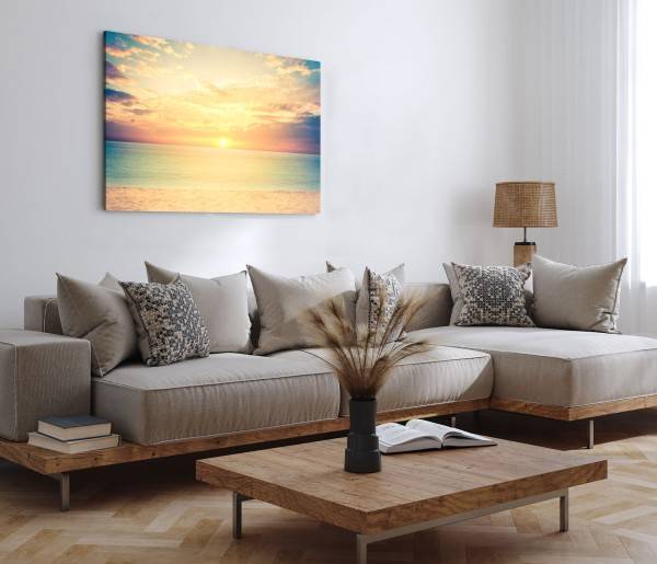 Paul Sinus Art 120x80cm Wandbild auf Leinwand Sonnenuntergang Horizont Meer Strand Himmel Auslauf