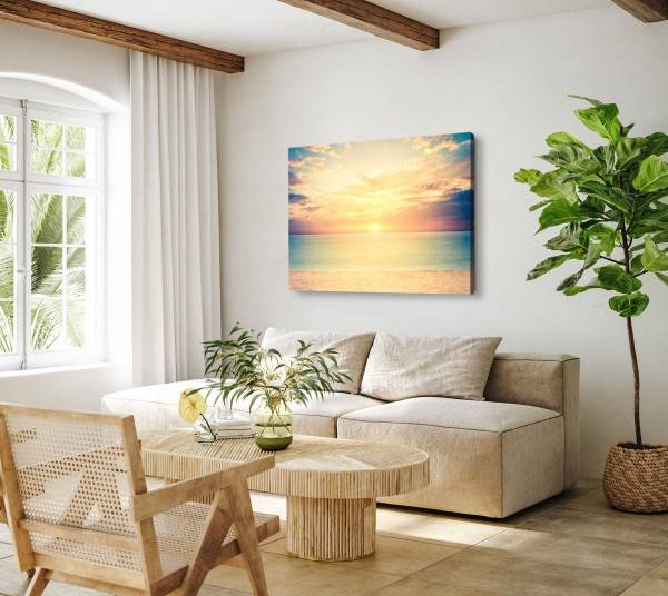Paul Sinus Art 120x80cm Wandbild auf Leinwand Sonnenuntergang Horizont Meer Strand Himmel Auslauf