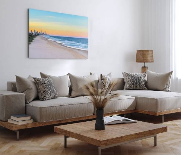 Paul Sinus Art 120x80cm Wandbild auf Leinwand Sonnenuntergang Miami Strand Meer roter Horizont Sonderangebot