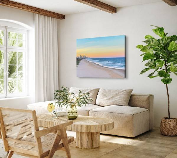 Paul Sinus Art 120x80cm Wandbild auf Leinwand Sonnenuntergang Miami Strand Meer roter Horizont Sonderangebot
