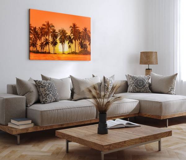 Paul Sinus Art 120x80cm Wandbild auf Leinwand Roter Himmel Palmen Sonne Sonnenuntergang Rot Rabatt