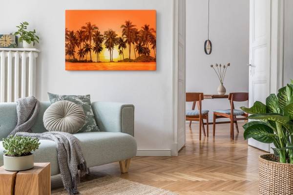 Paul Sinus Art 120x80cm Wandbild auf Leinwand Roter Himmel Palmen Sonne Sonnenuntergang Rot Rabatt