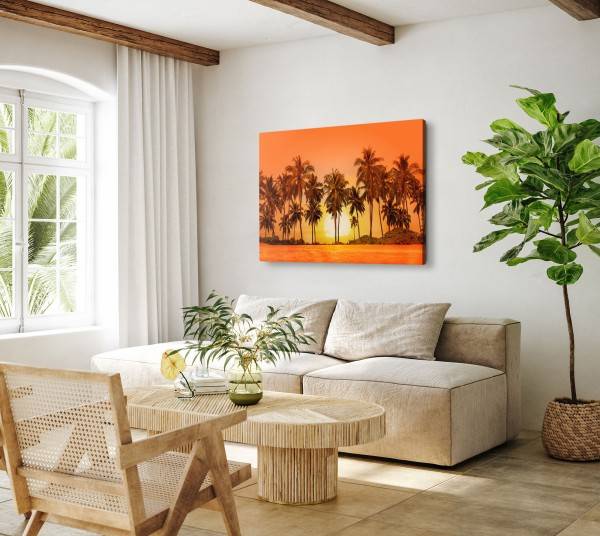 Paul Sinus Art 120x80cm Wandbild auf Leinwand Roter Himmel Palmen Sonne Sonnenuntergang Rot Rabatt