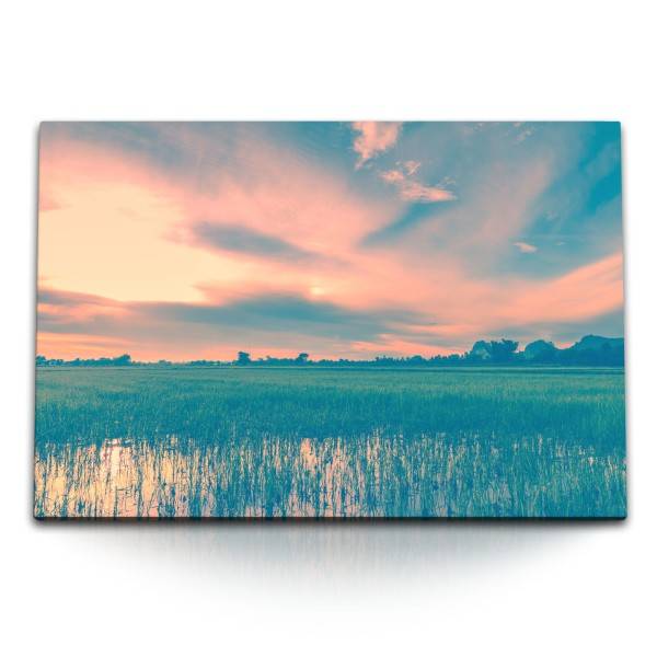 Paul Sinus Art 120x80cm Wandbild auf Leinwand Reisanbau Reisfeld Horizont Sonnenuntergang Natur