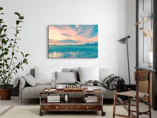 Paul Sinus Art 120x80cm Wandbild auf Leinwand Reisanbau Reisfeld Horizont Sonnenuntergang Natur Günstig kaufen