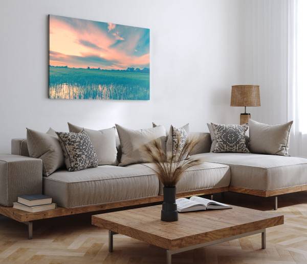 Paul Sinus Art 120x80cm Wandbild auf Leinwand Reisanbau Reisfeld Horizont Sonnenuntergang Natur Günstig kaufen