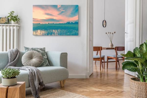Paul Sinus Art 120x80cm Wandbild auf Leinwand Reisanbau Reisfeld Horizont Sonnenuntergang Natur Günstig kaufen