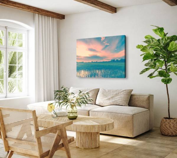 Paul Sinus Art 120x80cm Wandbild auf Leinwand Reisanbau Reisfeld Horizont Sonnenuntergang Natur Günstig kaufen