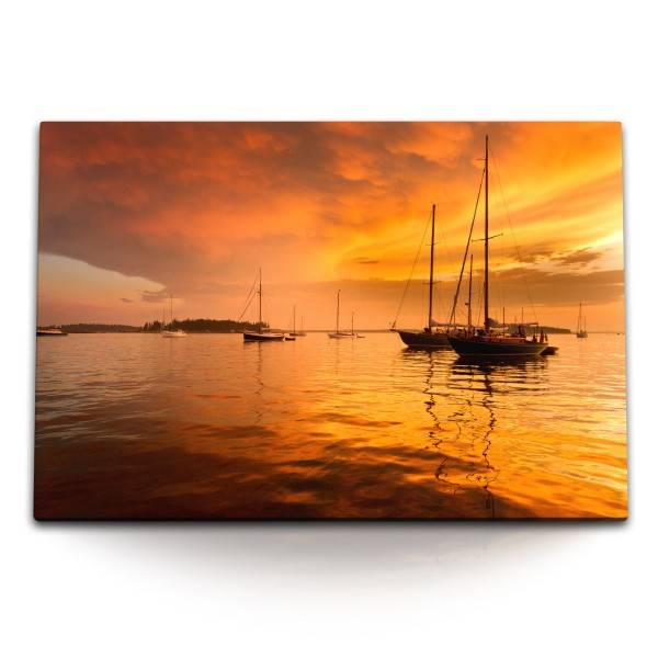 Paul Sinus Art 120x80cm Wandbild auf Leinwand Roter Himmel Meer Segelboote Abendrot Sonnenuntergang