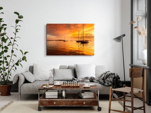 Paul Sinus Art 120x80cm Wandbild auf Leinwand Roter Himmel Meer Segelboote Abendrot Sonnenuntergang Begrenztes Angebot