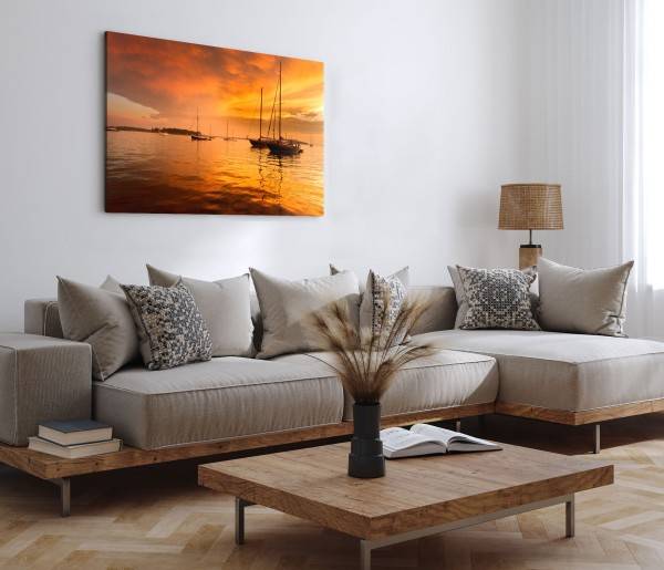 Paul Sinus Art 120x80cm Wandbild auf Leinwand Roter Himmel Meer Segelboote Abendrot Sonnenuntergang Begrenztes Angebot