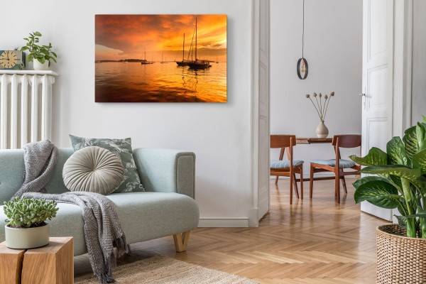 Paul Sinus Art 120x80cm Wandbild auf Leinwand Roter Himmel Meer Segelboote Abendrot Sonnenuntergang Begrenztes Angebot