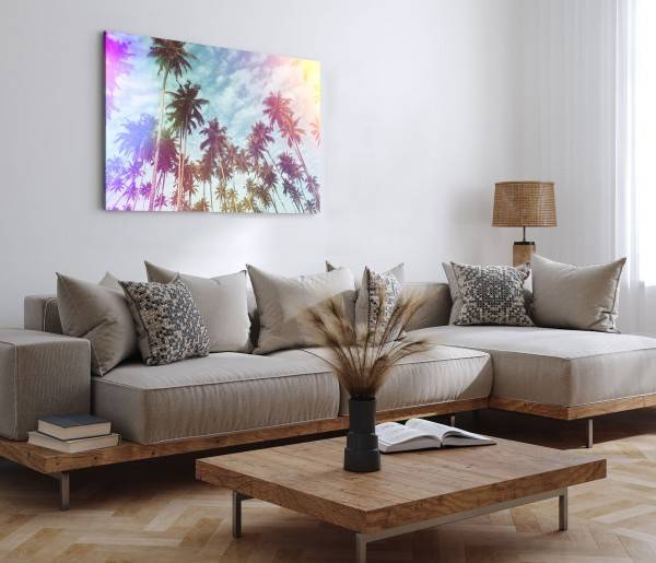 Paul Sinus Art 120x80cm Wandbild auf Leinwand Sonnenschein Sommer Palmen blauer Himmel Saisonschlussverkauf
