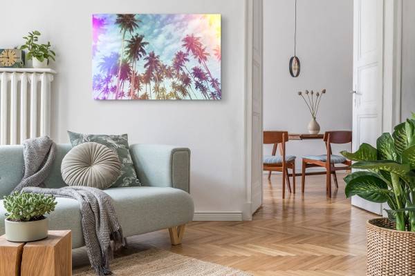 Paul Sinus Art 120x80cm Wandbild auf Leinwand Sonnenschein Sommer Palmen blauer Himmel Saisonschlussverkauf
