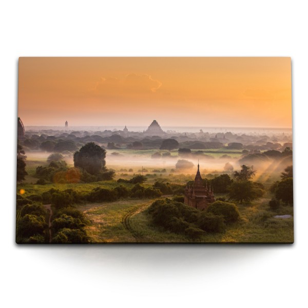 Paul Sinus Art 120x80cm Wandbild auf Leinwand Myanmar Tempelanlage Dschungel Sonnenuntergang Abendrot