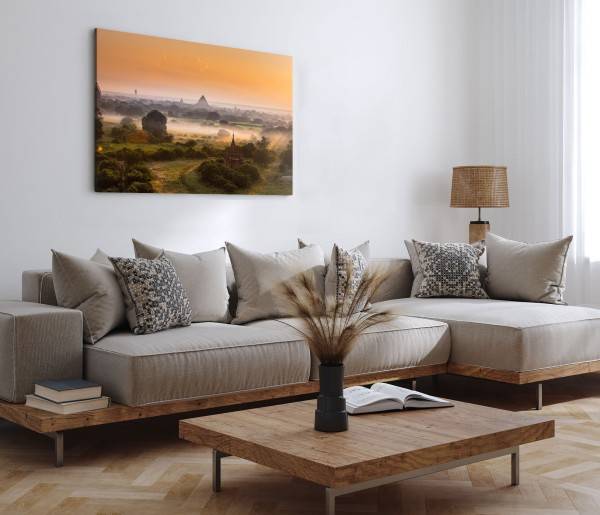 Paul Sinus Art 120x80cm Wandbild auf Leinwand Myanmar Tempelanlage Dschungel Sonnenuntergang Abendrot Black Friday