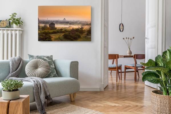 Paul Sinus Art 120x80cm Wandbild auf Leinwand Myanmar Tempelanlage Dschungel Sonnenuntergang Abendrot Black Friday