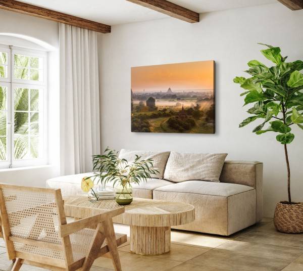 Paul Sinus Art 120x80cm Wandbild auf Leinwand Myanmar Tempelanlage Dschungel Sonnenuntergang Abendrot Black Friday