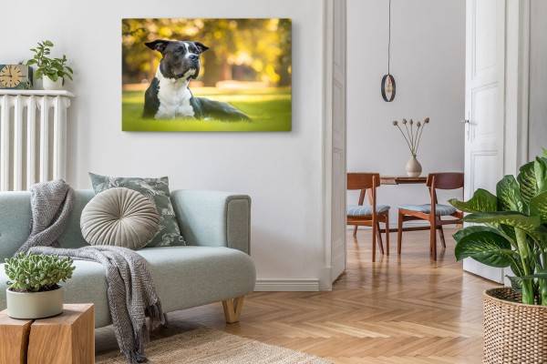 Paul Sinus Art 120x80cm Wandbild auf Leinwand American Staffordshire Terrier Hund Park Grün Muttertagsangebot