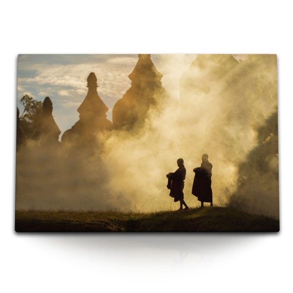 Paul Sinus Art 120x80cm Wandbild auf Leinwand Thailand Tempel Mönche Morgentau Nebel