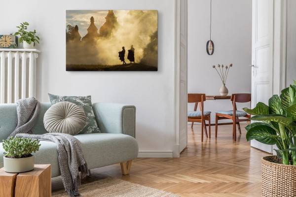 Paul Sinus Art 120x80cm Wandbild auf Leinwand Thailand Tempel Mönche Morgentau Nebel Heißer Verkauf