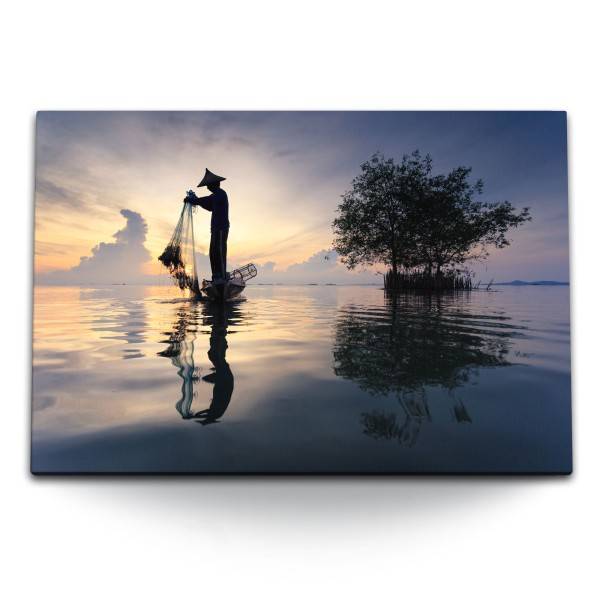 Paul Sinus Art 120x80cm Wandbild auf Leinwand Fotokunst Fischer Meer Thailand Horizont Abendrot