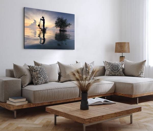 Paul Sinus Art 120x80cm Wandbild auf Leinwand Fotokunst Fischer Meer Thailand Horizont Abendrot Blitzangebot