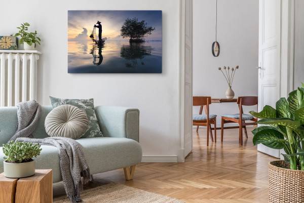 Paul Sinus Art 120x80cm Wandbild auf Leinwand Fotokunst Fischer Meer Thailand Horizont Abendrot Blitzangebot