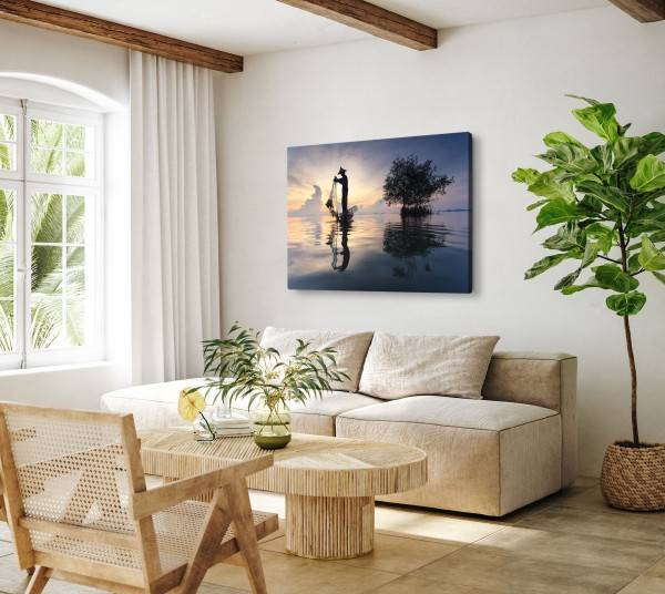 Paul Sinus Art 120x80cm Wandbild auf Leinwand Fotokunst Fischer Meer Thailand Horizont Abendrot Blitzangebot