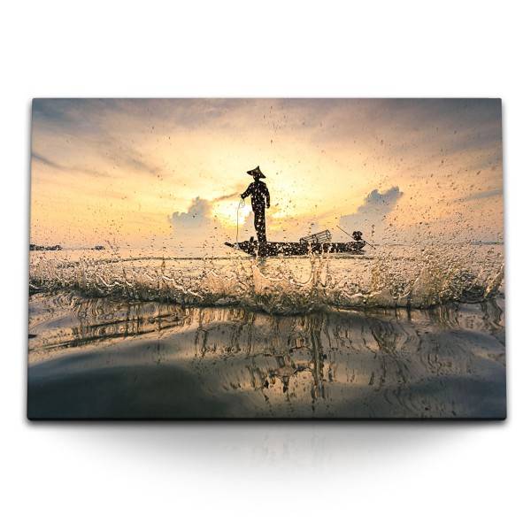 Paul Sinus Art 120x80cm Wandbild auf Leinwand Meer Horizont Sonnenuntergang Fischer Thailand