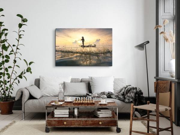 Paul Sinus Art 120x80cm Wandbild auf Leinwand Meer Horizont Sonnenuntergang Fischer Thailand Große Rabatte