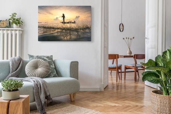 Paul Sinus Art 120x80cm Wandbild auf Leinwand Meer Horizont Sonnenuntergang Fischer Thailand Große Rabatte