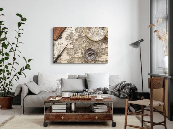 Paul Sinus Art 120x80cm Wandbild auf Leinwand Vintage Weltkarte Kompass Lupe Schreibfeder Karte Neuheiten