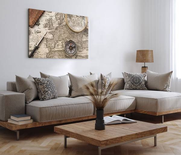 Paul Sinus Art 120x80cm Wandbild auf Leinwand Vintage Weltkarte Kompass Lupe Schreibfeder Karte Neuheiten