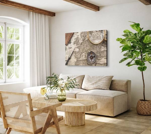 Paul Sinus Art 120x80cm Wandbild auf Leinwand Vintage Weltkarte Kompass Lupe Schreibfeder Karte Neuheiten