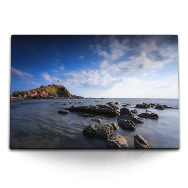 Paul Sinus Art 120x80cm Wandbild auf Leinwand Küste Meer Felsen Leuchtturm Horizont Ozean