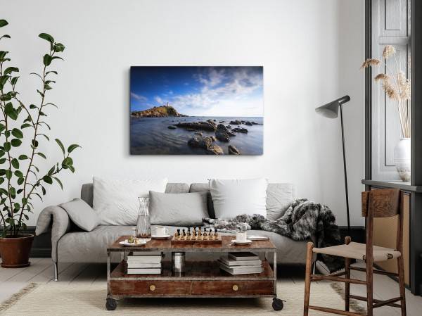 Paul Sinus Art 120x80cm Wandbild auf Leinwand Küste Meer Felsen Leuchtturm Horizont Ozean Bestseller