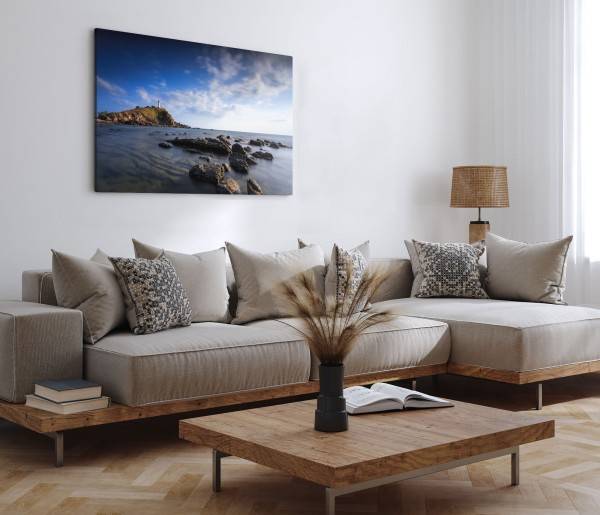 Paul Sinus Art 120x80cm Wandbild auf Leinwand Küste Meer Felsen Leuchtturm Horizont Ozean Bestseller
