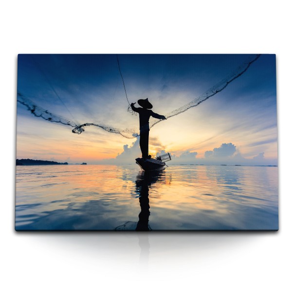 Paul Sinus Art 120x80cm Wandbild auf Leinwand Thailand Fischer Fischernetz Kunstvoll Sonnenuntergang Meer