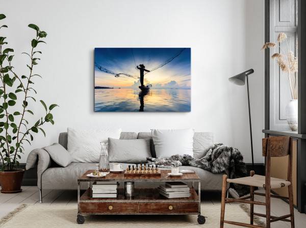 Paul Sinus Art 120x80cm Wandbild auf Leinwand Thailand Fischer Fischernetz Kunstvoll Sonnenuntergang Meer Saisonale Angebote