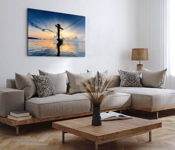Paul Sinus Art 120x80cm Wandbild auf Leinwand Thailand Fischer Fischernetz Kunstvoll Sonnenuntergang Meer Saisonale Angebote
