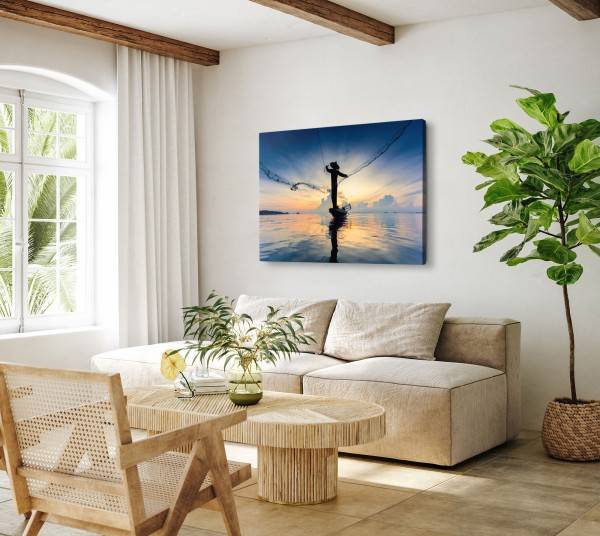 Paul Sinus Art 120x80cm Wandbild auf Leinwand Thailand Fischer Fischernetz Kunstvoll Sonnenuntergang Meer Saisonale Angebote