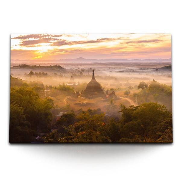 Paul Sinus Art 120x80cm Wandbild auf Leinwand Myanmar Tempelanlage Dschungel Sonnenuntergang Abendrot