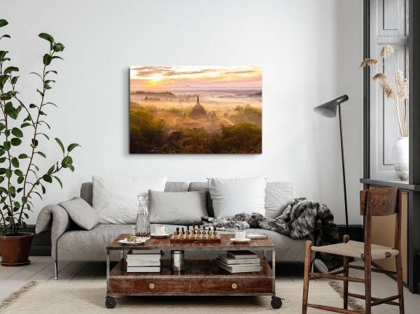 Paul Sinus Art 120x80cm Wandbild auf Leinwand Myanmar Tempelanlage Dschungel Sonnenuntergang Abendrot Begrenzte Freigabe