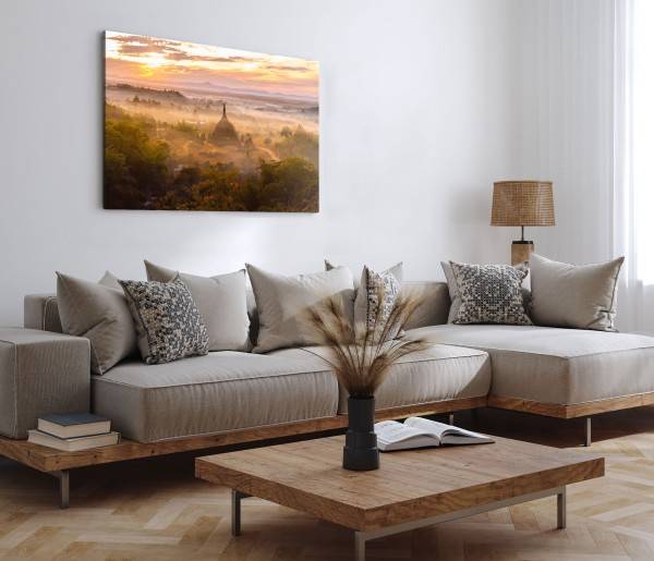 Paul Sinus Art 120x80cm Wandbild auf Leinwand Myanmar Tempelanlage Dschungel Sonnenuntergang Abendrot Begrenzte Freigabe