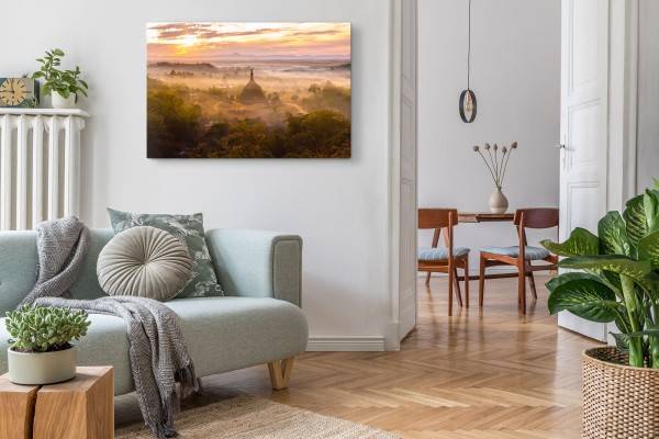 Paul Sinus Art 120x80cm Wandbild auf Leinwand Myanmar Tempelanlage Dschungel Sonnenuntergang Abendrot Begrenzte Freigabe