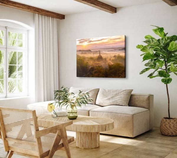 Paul Sinus Art 120x80cm Wandbild auf Leinwand Myanmar Tempelanlage Dschungel Sonnenuntergang Abendrot Begrenzte Freigabe